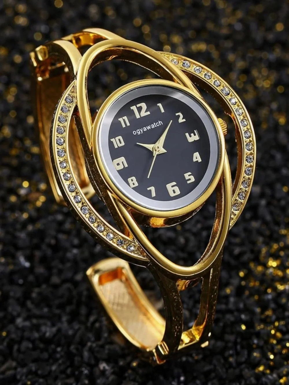New!!! Anthropologie Gold Crystal-Accented Bangle Watch with Black Dial